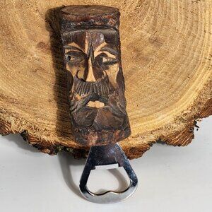 Hand Carved Wooden Face Bottle Opener With Rustic Finish & Metal Opener Vintage